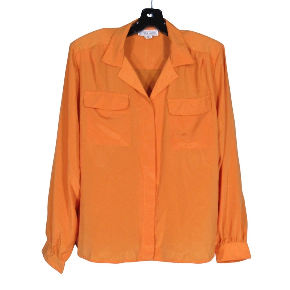 VTG ALYSSA CARR Golden Mustard SATIN Button-Up 2-POCKETS Dressy BLOUSE/TOP Sz 14